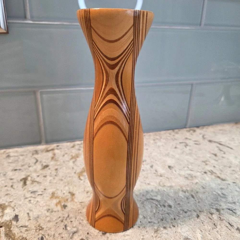 Vintage MCM Laminated Wood Bud Vase Glass Insert Artisan Turned Wood Decor 8.5